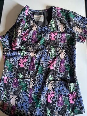 Skechers Multicolor Cat Print Scrub Top - Pink, Green, Blue, Purple, Black